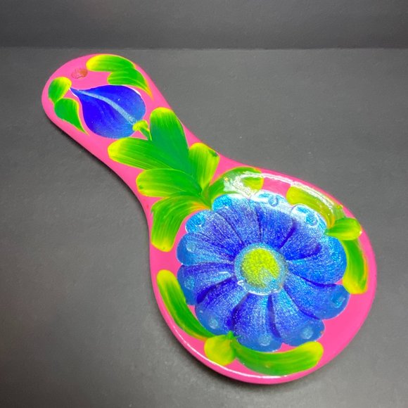 Hand Painted Ceramic Kitchen Spoon Rest Hot Pink Floral Shimmer Hippie 1960s - Picture 1 of 5